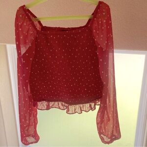 Art Class Red Polka Dot Top With Sheer Long Sleeves - Girls XL (14)